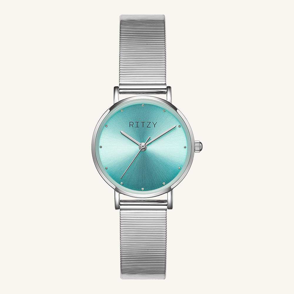 RZ2024070105-1 OEM/ODM Women’s Round Quartz Watch | 304 SS Mesh Strap, Tiffany Blue & Dark Blue Dial | China Factory