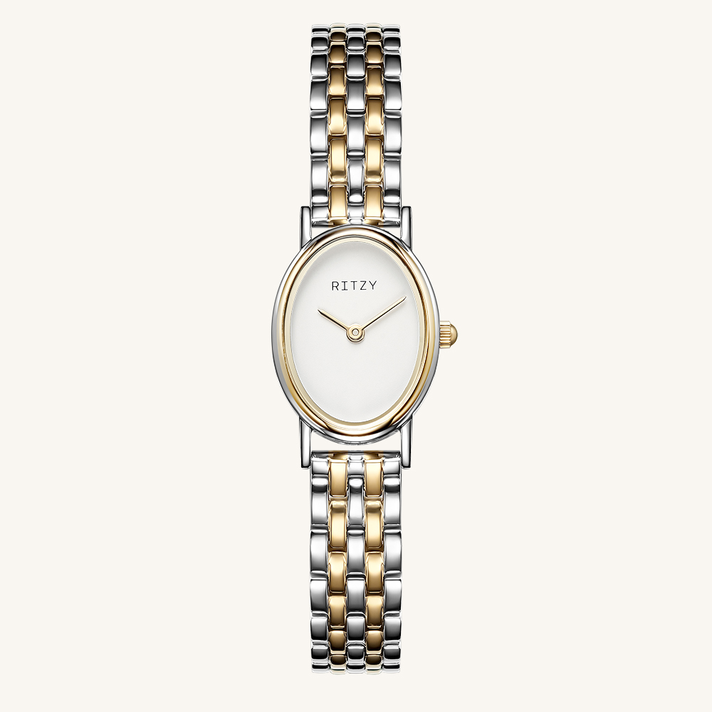 RZ2025032901-4 BSCI & ISO Certified Chinese Watch Factory | Custom Logo Two-Tone Oval Minimalist Women’s Watch with Classic Link Bracelet