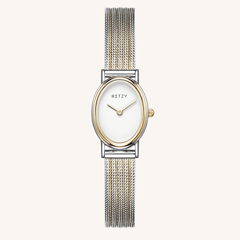RZ2025032901-9 BSCI & ISO Certified Chinese Watch Factory | Custom Logo Minimalist Oval Women’s Watch with Two-Tone Mesh Strap