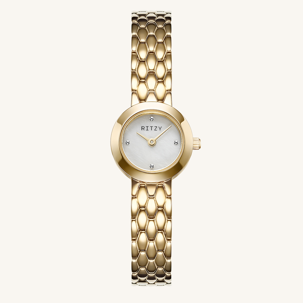 RZ2025040101 BSCI & ISO Certified Chinese Watch Factory | Custom Logo Round Women’s Watch with Mother of Pearl Dial & Snake Scale Bracelet