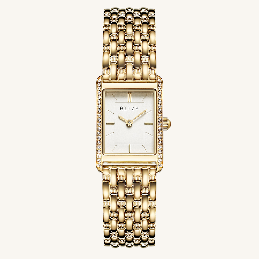 RZ2025041501 BSCI & ISO Certified Chinese Watch Factory | Custom Logo Tank Style Rectangular Women’s Watch with Crystal Bezel &  Unique Link Design Bracelet