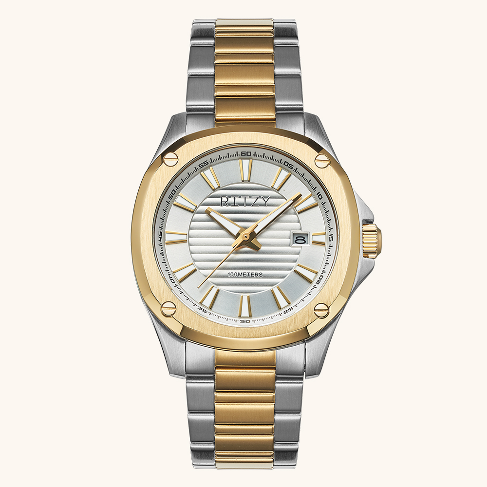 RZ2025041510-4 BSCI & ISO Certified Chinese Watch Factory | Custom Logo Men’s 100M Waterproof Sport Watch with Screw Detail Bezel, Embossed Dial & Two-Tone Bracelet