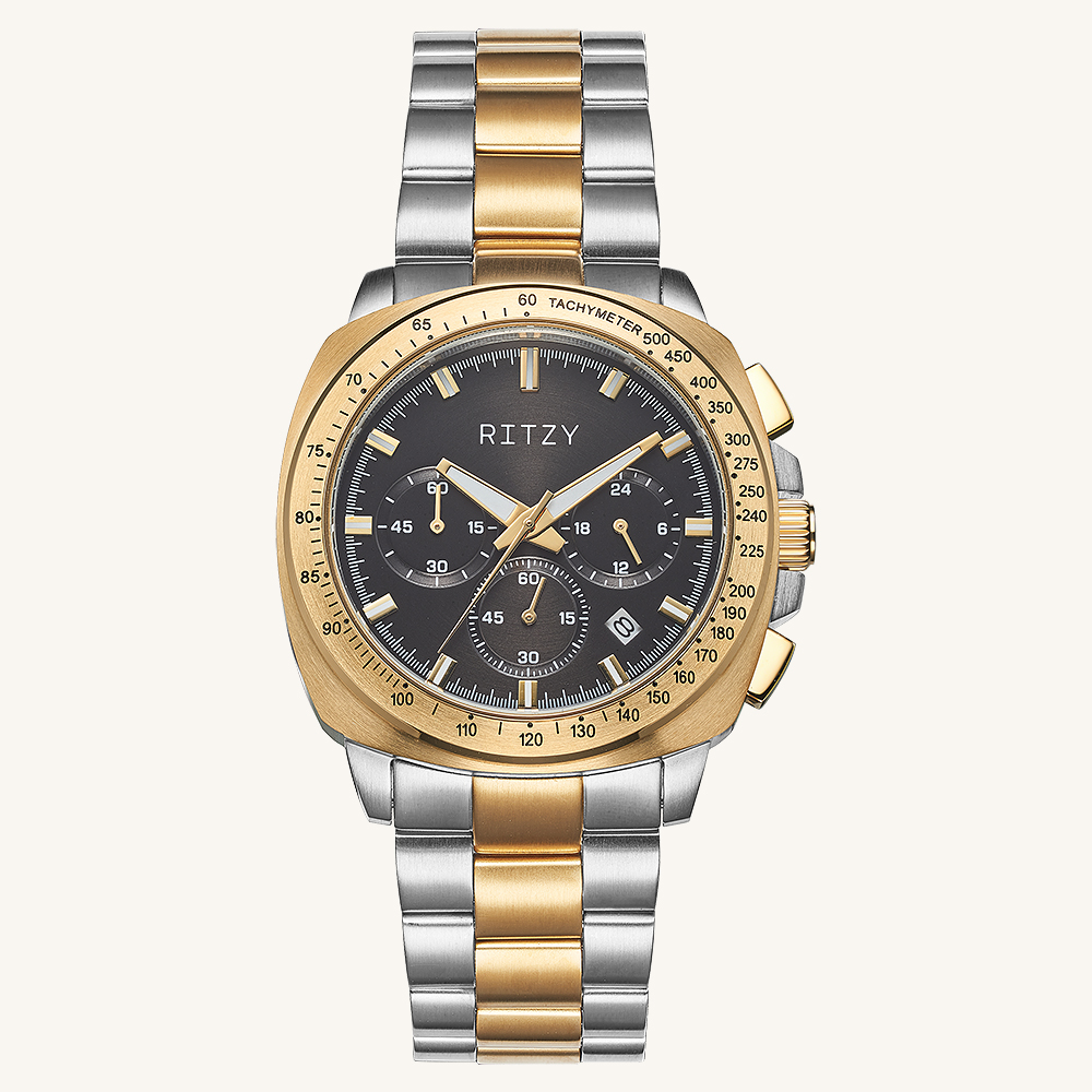RZ2025042402 BSCI & ISO Certified Chinese Watch Factory | Custom Logo Men’s Chronograph Watch with Tachymeter Bezel, Multi-Sub-Dial Dial & Two-Tone Link Bracelet