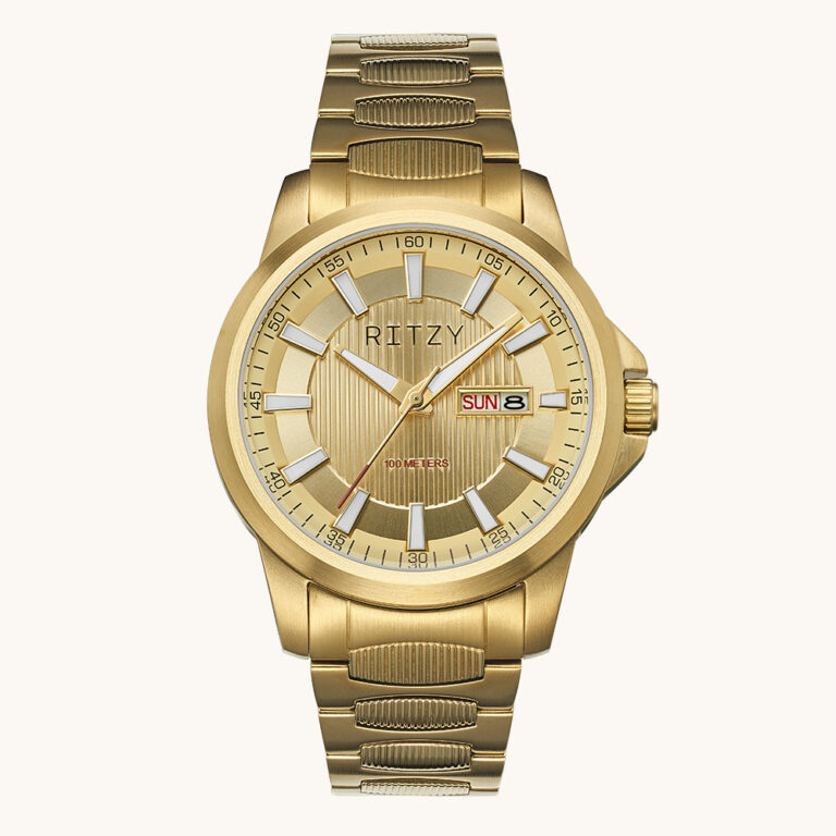 RZ2025042410 BSCI & ISO Certified Chinese Watch Factory | Custom Logo Men’s 100M Waterproof Watch with Day-Date Function, Embossed Dial & Textured Link Bracelet