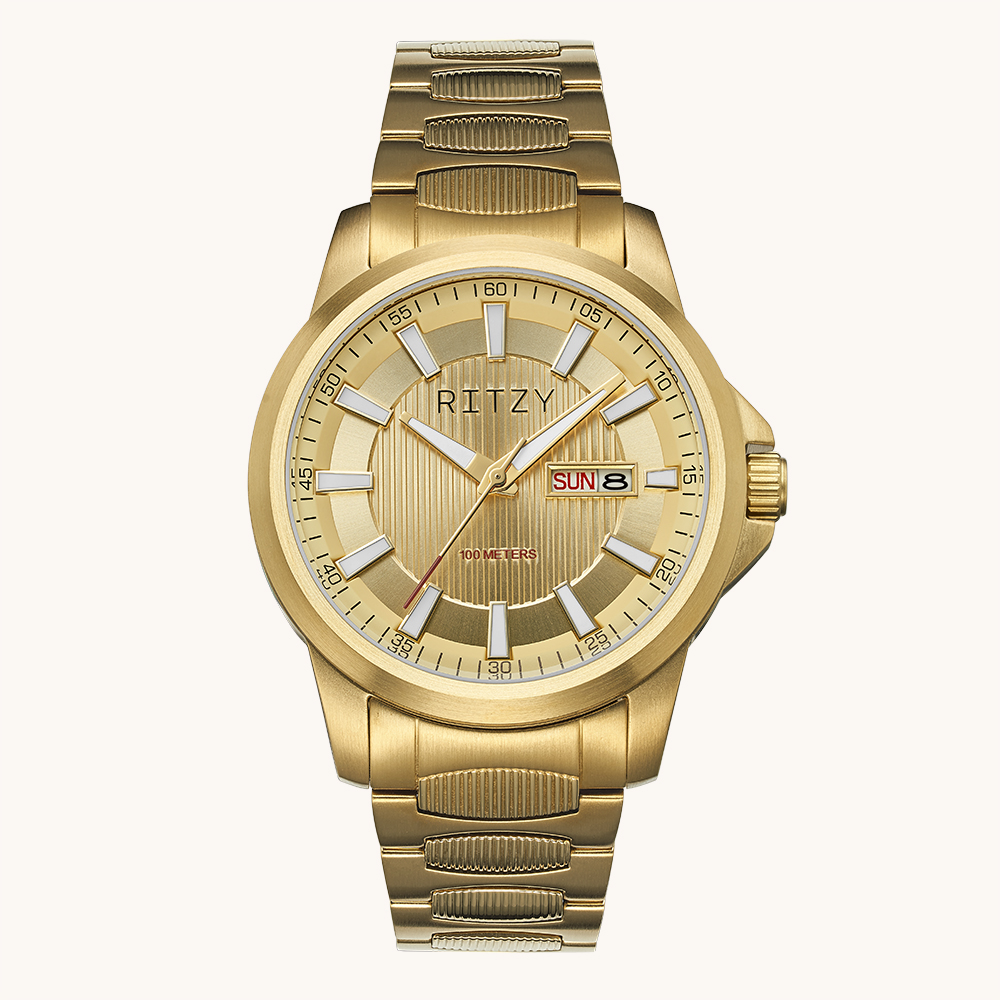 RZ2025042410 BSCI & ISO Certified Chinese Watch Factory | Custom Logo Men’s 100M Waterproof Watch with Day-Date Function, Embossed Dial & Textured Link Bracelet
