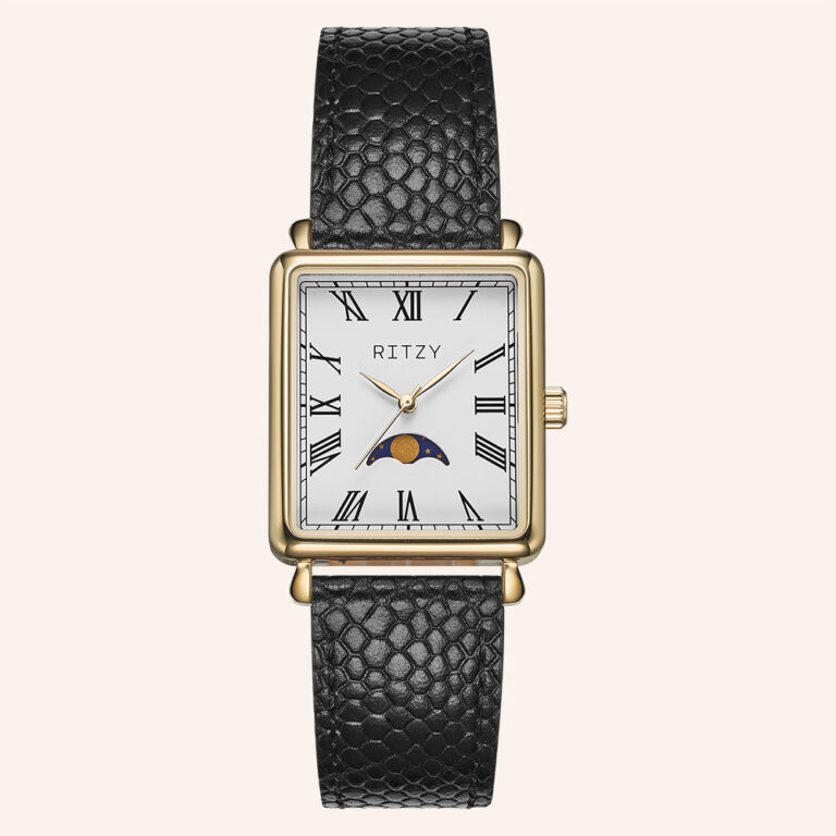 RZ2025042414 BSCI & ISO Certified Chinese Watch Factory | Custom Logo Men’s Moon Phase Tank Style Watch with Roman Numeral Dial & Snake Embossed Leather Strap