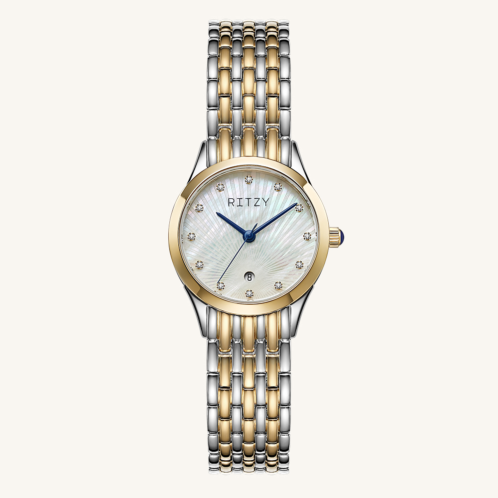 RZ2025052401 BSCI & ISO Certified Chinese Watch Factory | Custom Logo Round Women’s Watch with Mother of Pearl Sunburst Dial, Crystal Indices & Date Function