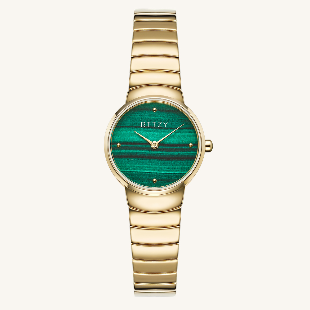 RZ2025052405 BSCI & ISO Certified Chinese Watch Factory | Custom Logo Round Women’s Watch with Malachite/Amber 3D Printed Dial & Integrated Segmented Bracelet